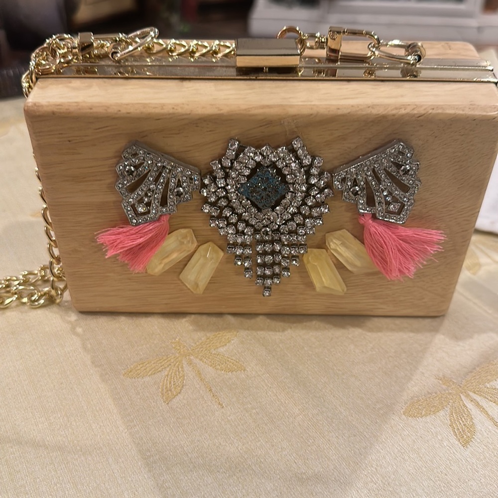 Cecilia Ma Hong Kong Handmade Rhinestone / Crystal / Tassel Wooden Box Bag Purse